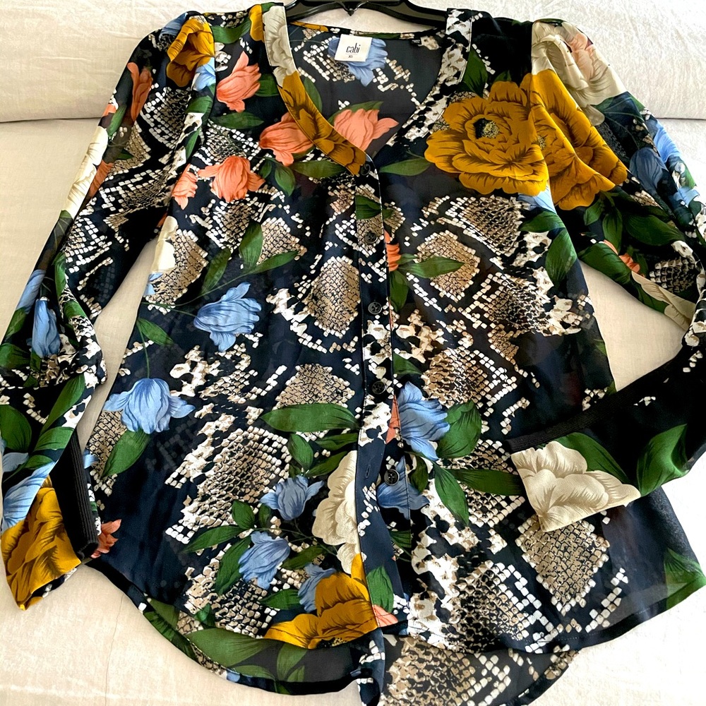 Cabi print blouse with knitted cuffs